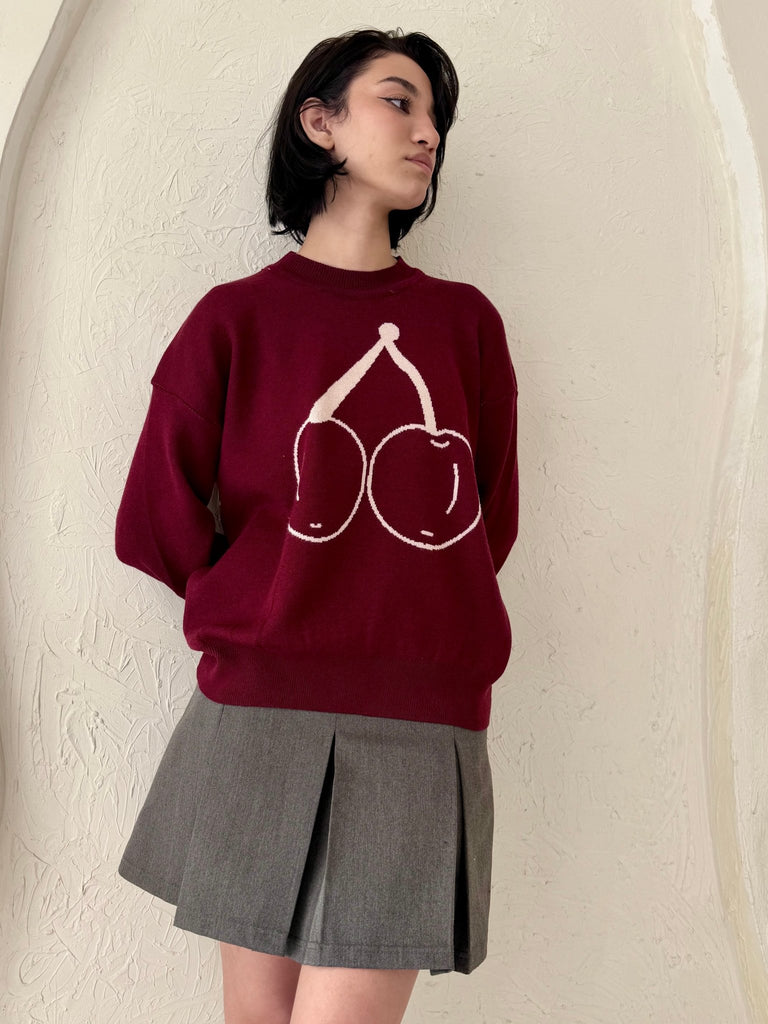 Burgundy Cherry Knit Pullover - Mii