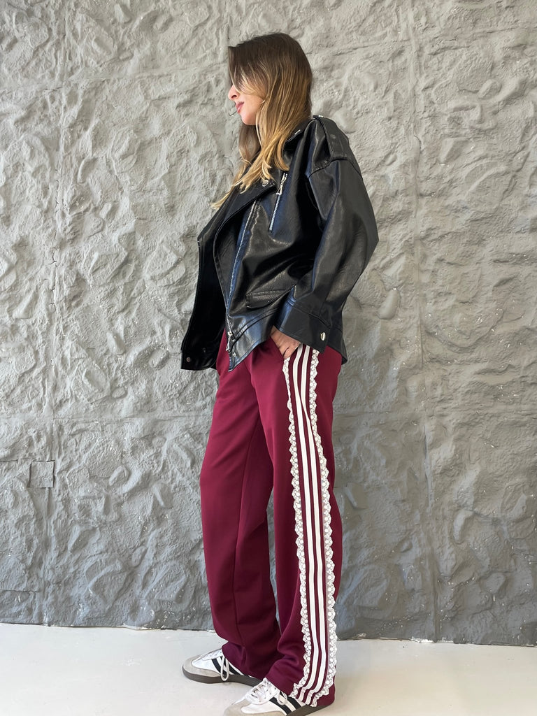 Burgundy Lace Stripes Sweatpants - Mii