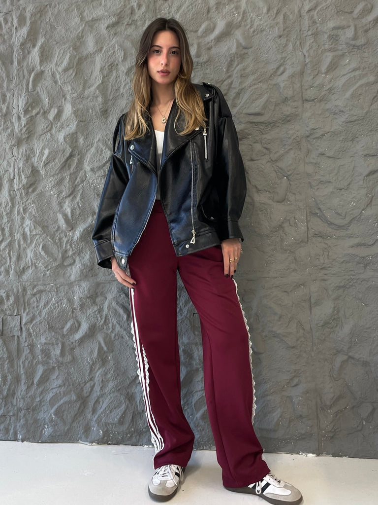 Burgundy Lace Stripes Sweatpants - Mii