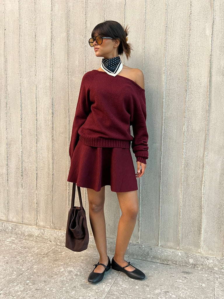 Burgundy Off Shoulder Knit Skirt Set - Mii