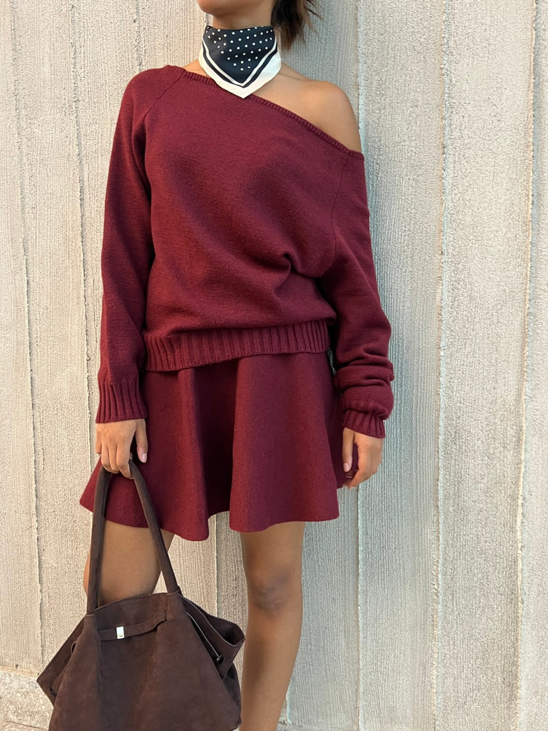 Burgundy Off Shoulder Knit Skirt Set - Mii