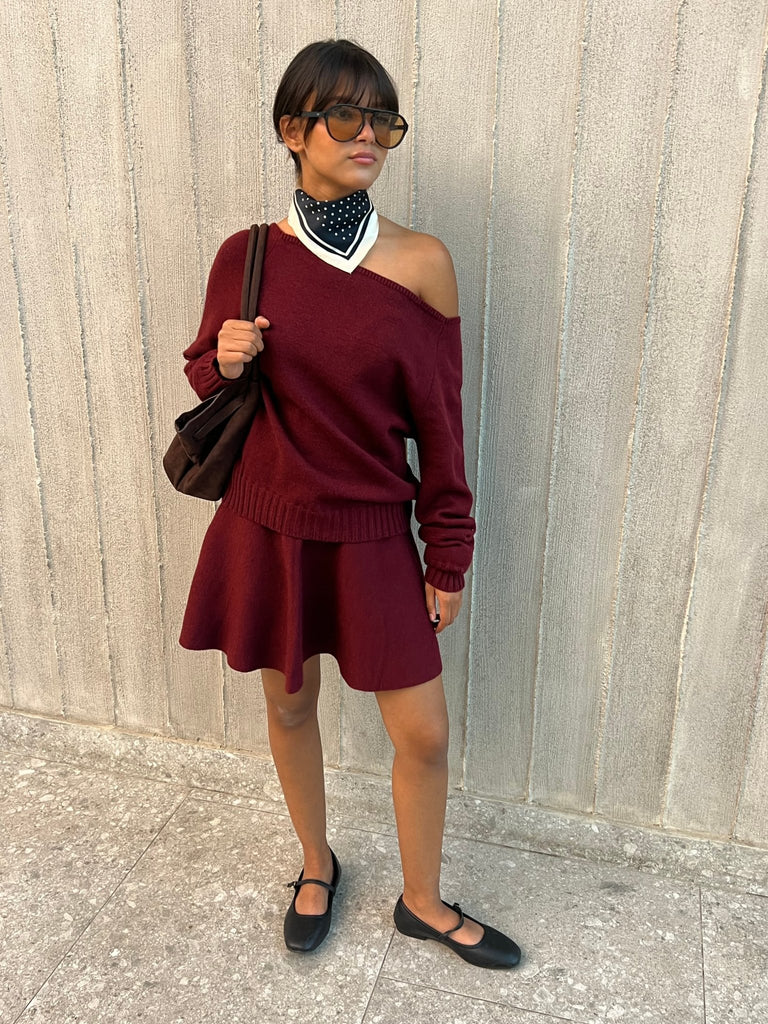 Burgundy Off Shoulder Knit Skirt Set - Mii