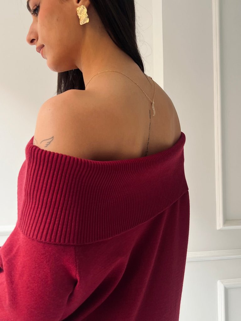 Burgundy Off Shoulder Lantern Sleeve Dress - Mii