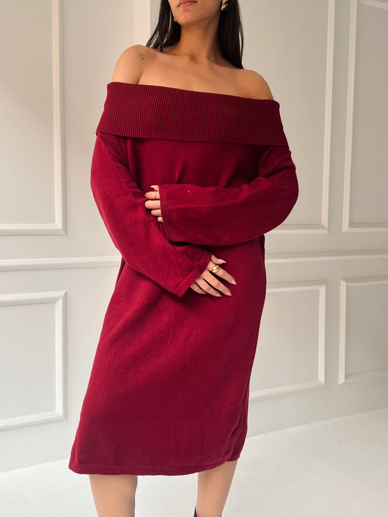 Burgundy Off Shoulder Lantern Sleeve Dress - Mii