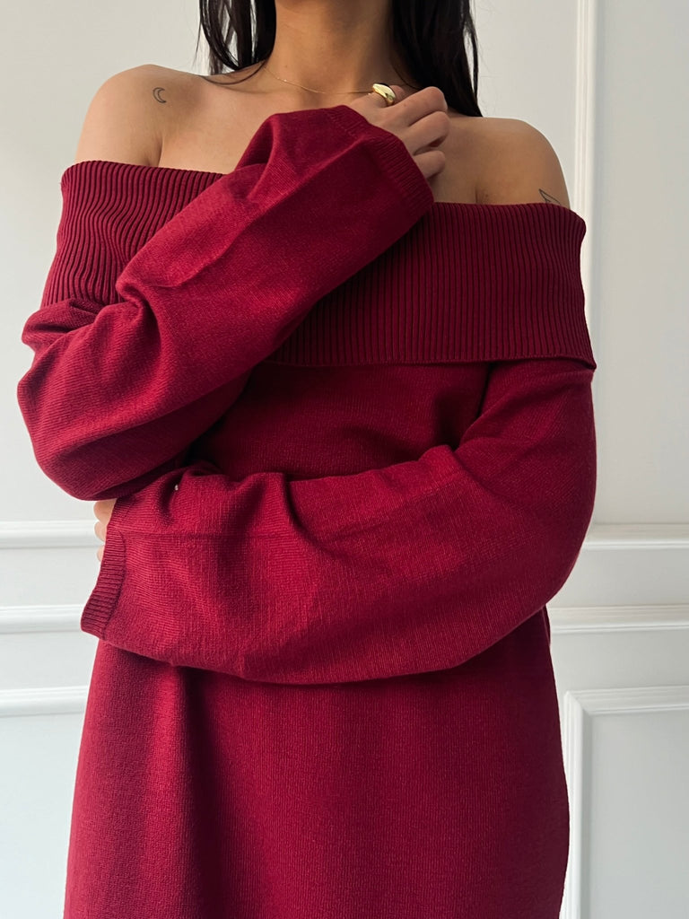 Burgundy Off Shoulder Lantern Sleeve Dress - Mii