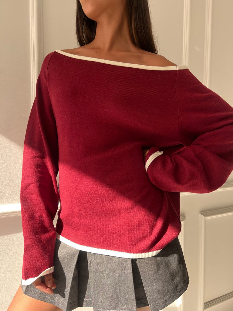 Burgundy One Shoulder Lined Knit Pullover - Mii
