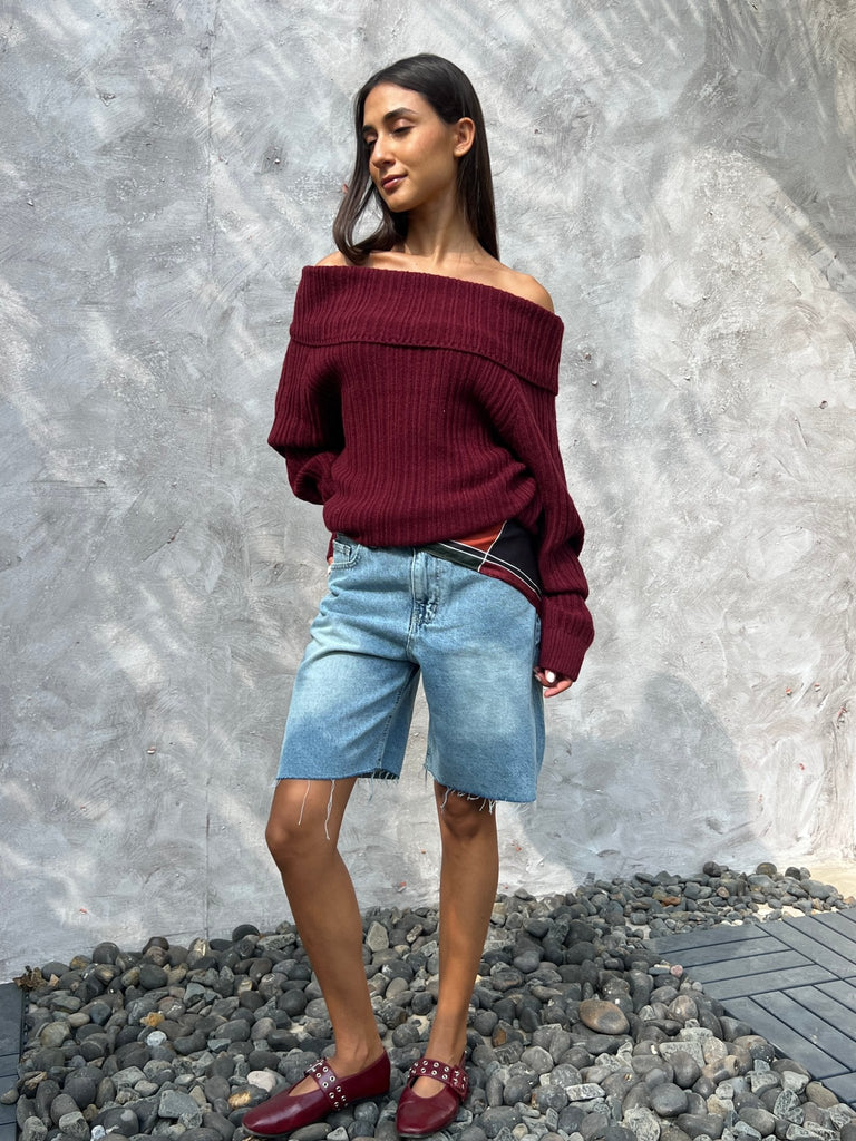 Burgundy Ribbed Off Shoulder Knit Pullover - Mii