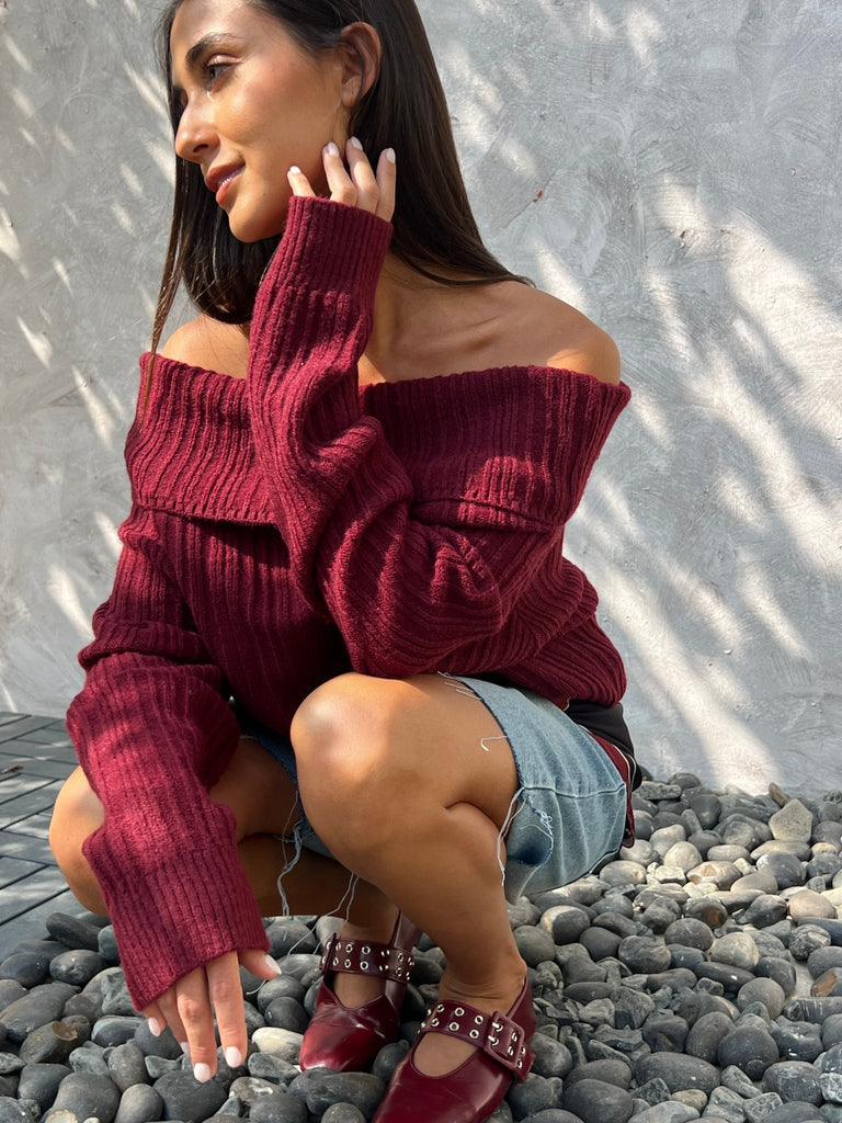 Burgundy Ribbed Off Shoulder Knit Pullover - Mii