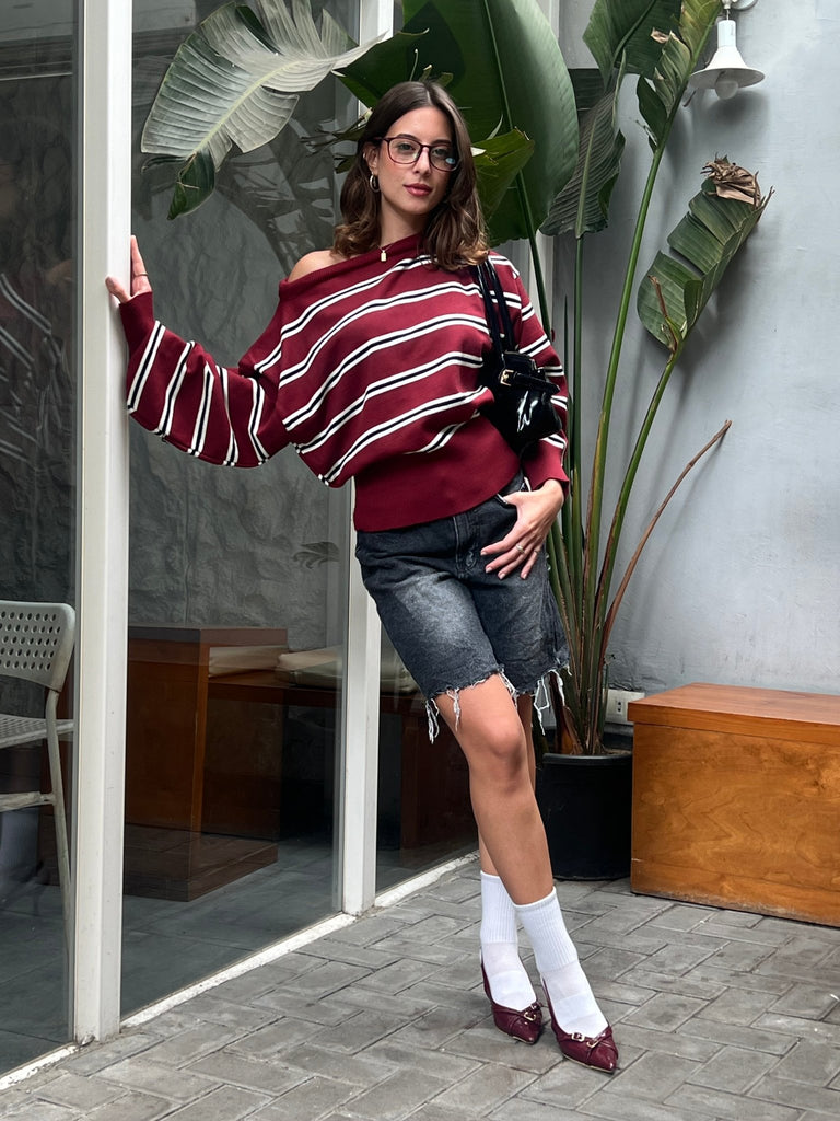 Burgundy Rugby One Shoulder Striped Pullover - Mii