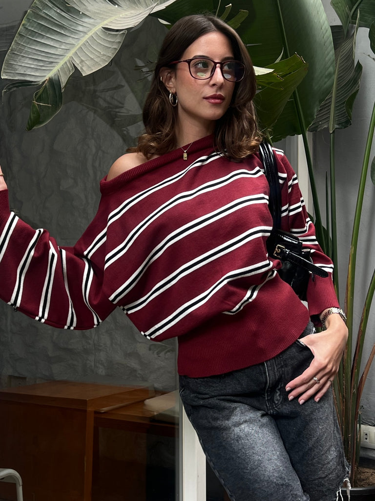 Burgundy Rugby One Shoulder Striped Pullover - Mii