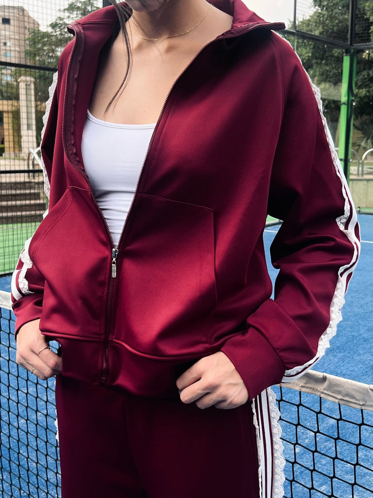 Burgundy Striped Lace Drawstring Zipper Sweatshirt - Mii