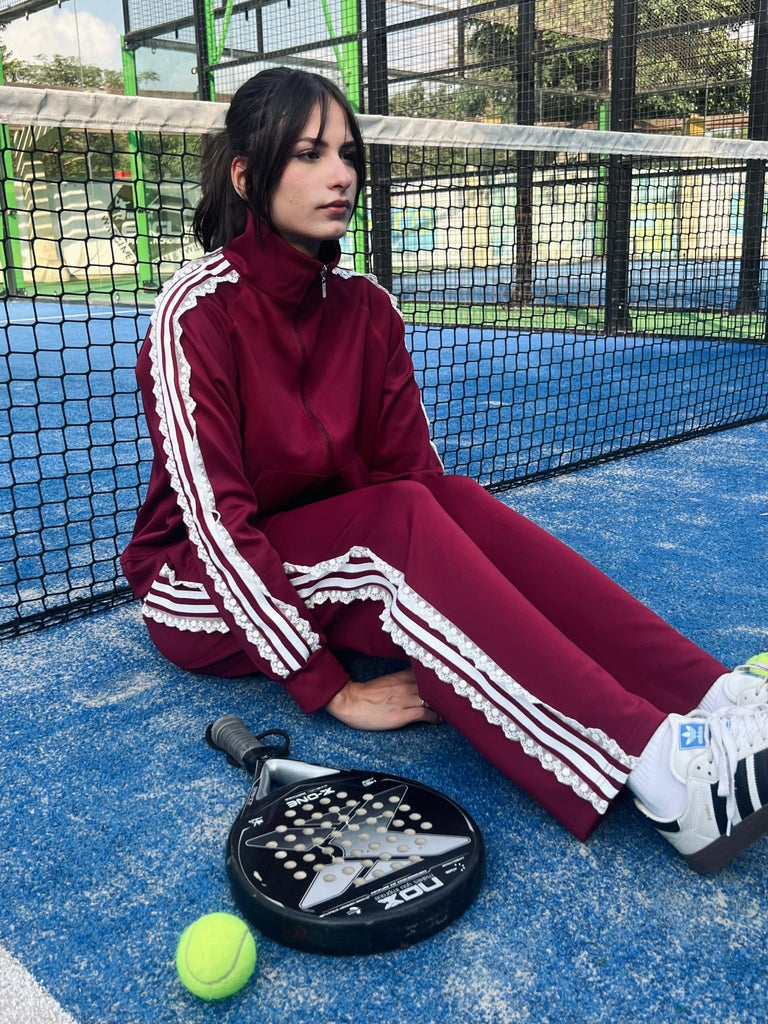 Burgundy Striped Lace Drawstring Zipper Sweatshirt - Mii