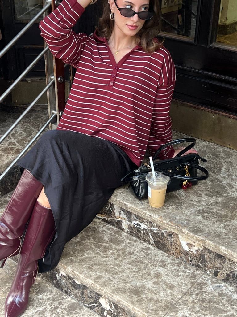 Burgundy Striped Relaxed Buttoned Hoodie - Mii