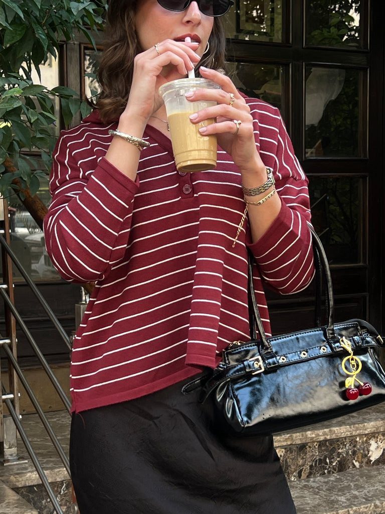 Burgundy Striped Relaxed Buttoned Hoodie - Mii