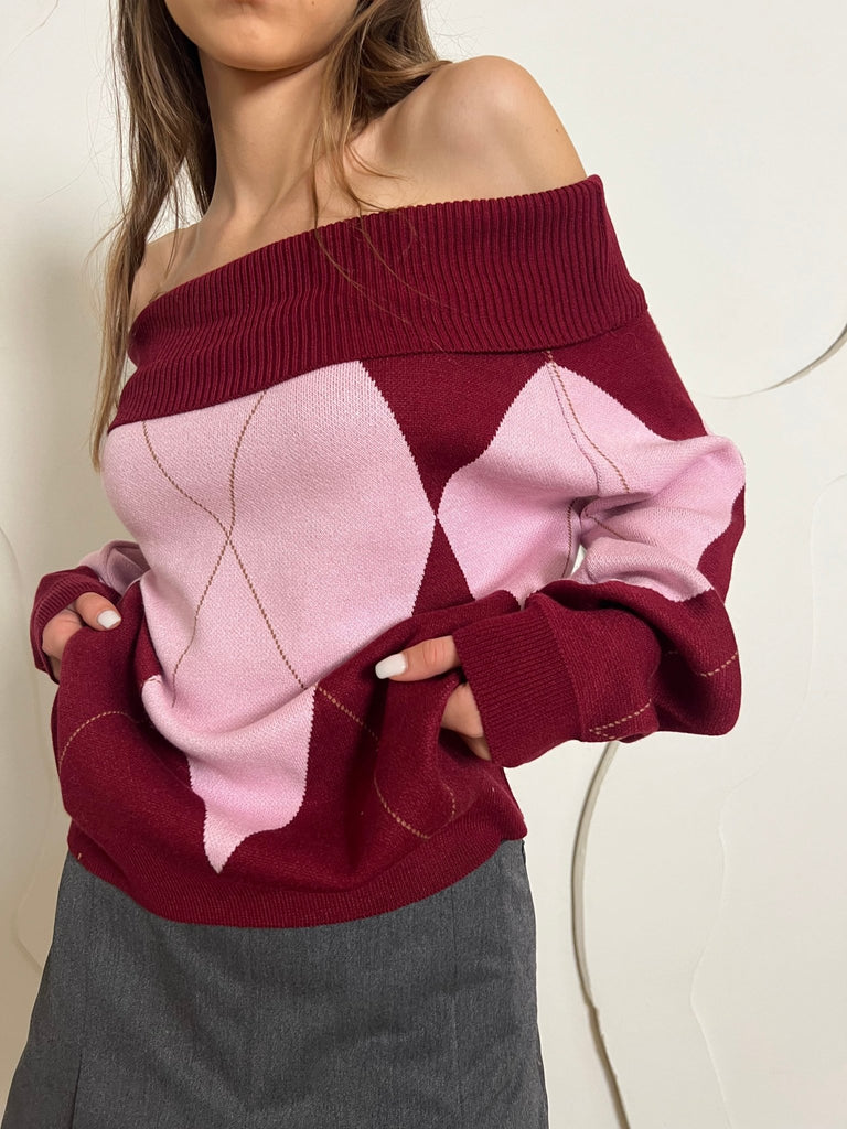 Burgundy X Rose Argyle Off Shoulder Knit Pullover - Mii