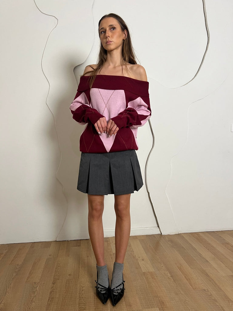 Burgundy X Rose Argyle Off Shoulder Knit Pullover - Mii