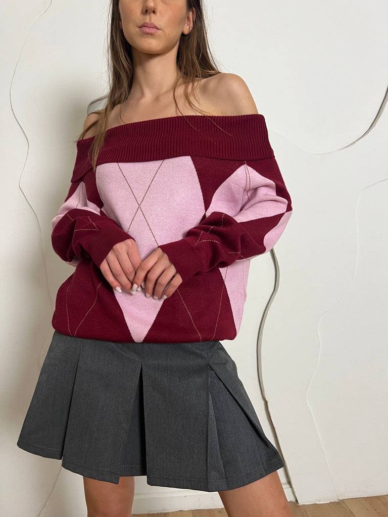 Burgundy X Rose Argyle Off Shoulder Knit Pullover - Mii