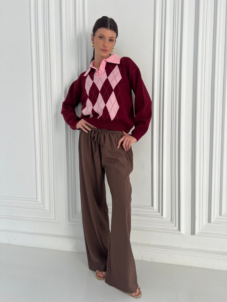 Burgundy X Rose Argyle Polo Knit Pullover - Mii