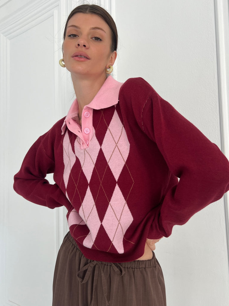 Burgundy X Rose Argyle Polo Knit Pullover - Mii