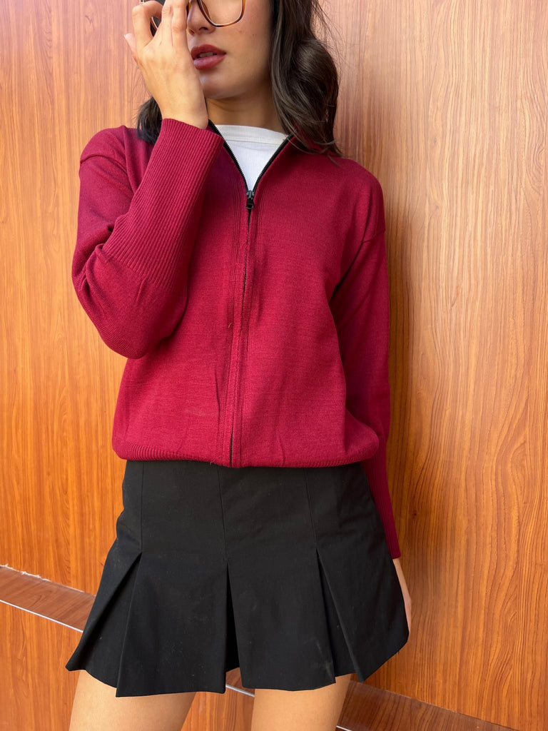 Burgundy Zip Up Knit Sweater - Mii