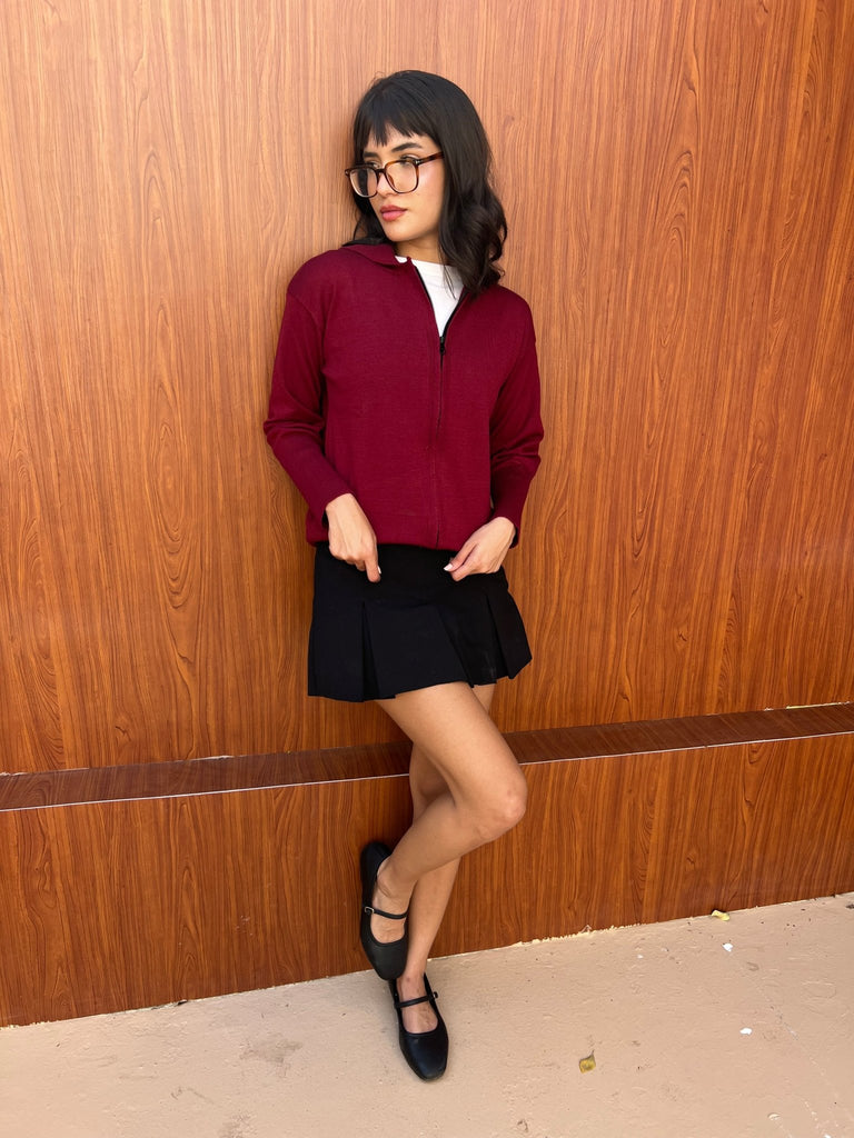 Burgundy Zip Up Knit Sweater - Mii