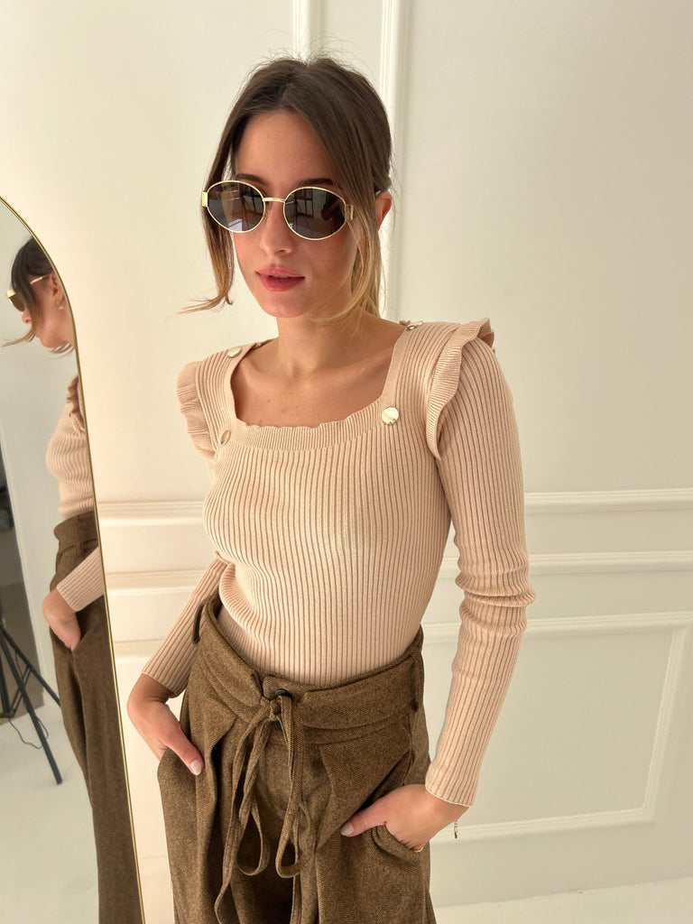 Cafe Buttoned Square Neckline Basic Pullover - Mii