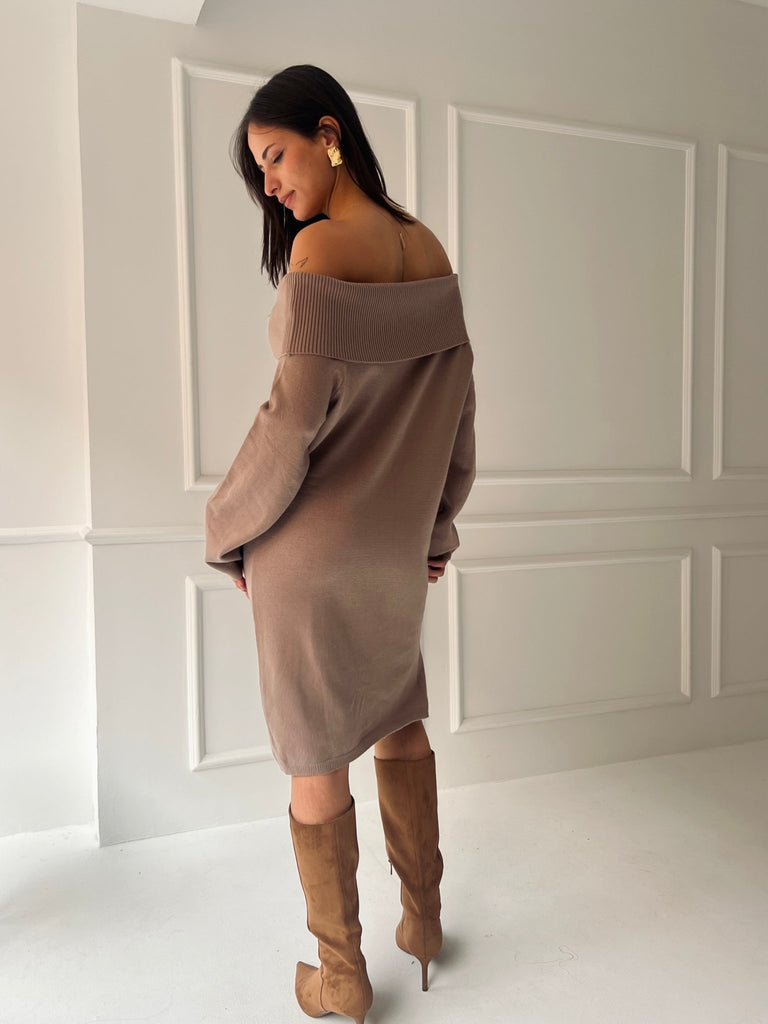 Cafe Off Shoulder Lantern Sleeve Dress - Mii