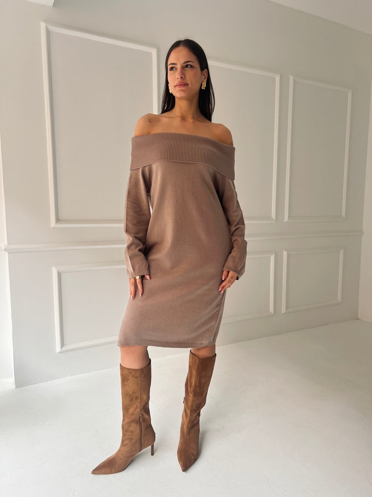 Cafe Off Shoulder Lantern Sleeve Dress - Mii