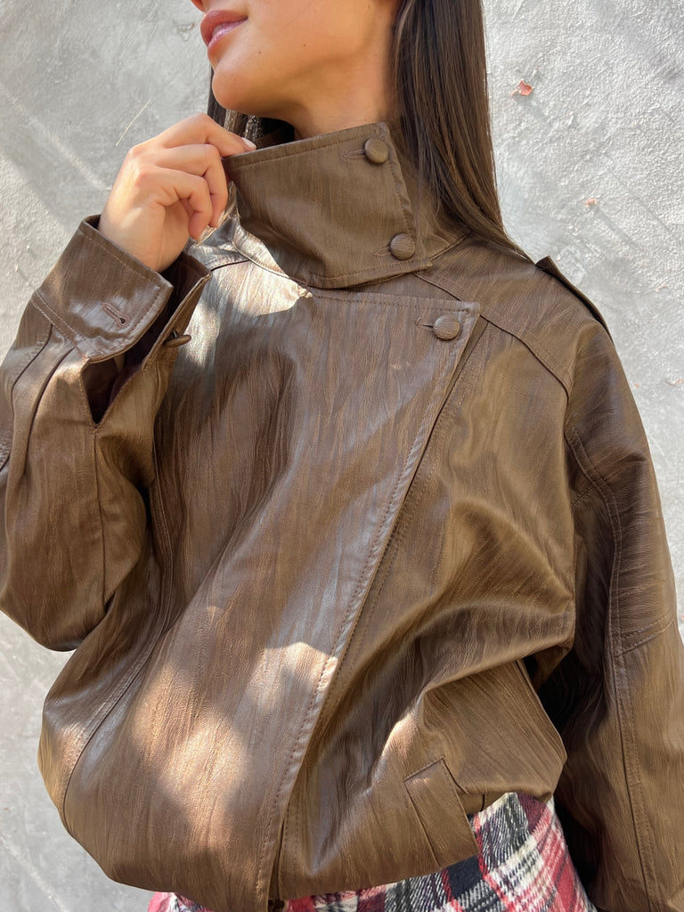 Chocolate Brown Leather Jacket - Mii