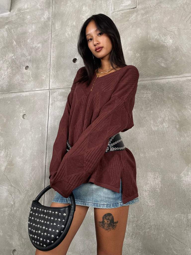 Chocolate Brown V - Neck Textured Knit Pullover - Mii