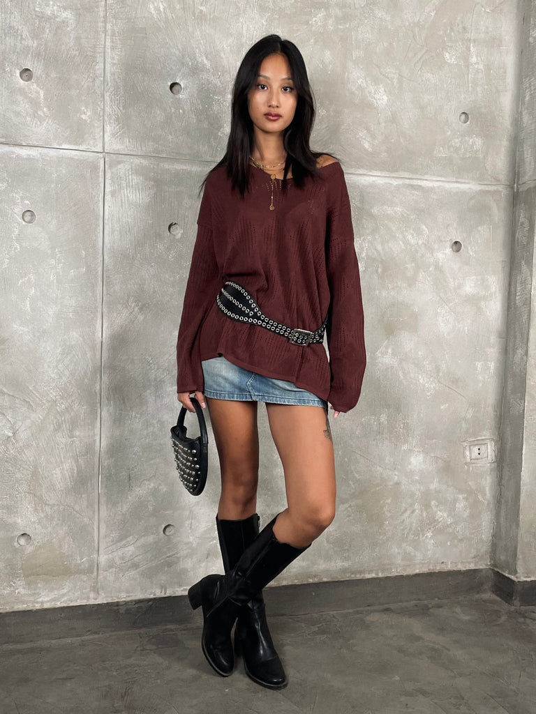 Chocolate Brown V - Neck Textured Knit Pullover - Mii