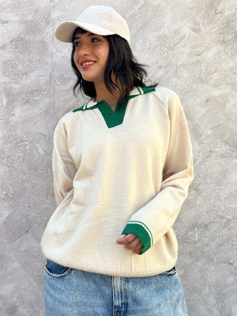 Creme X Green Polo Knit Pullover - Mii