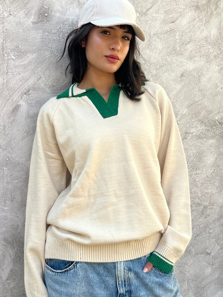 Creme X Green Polo Knit Pullover - Mii
