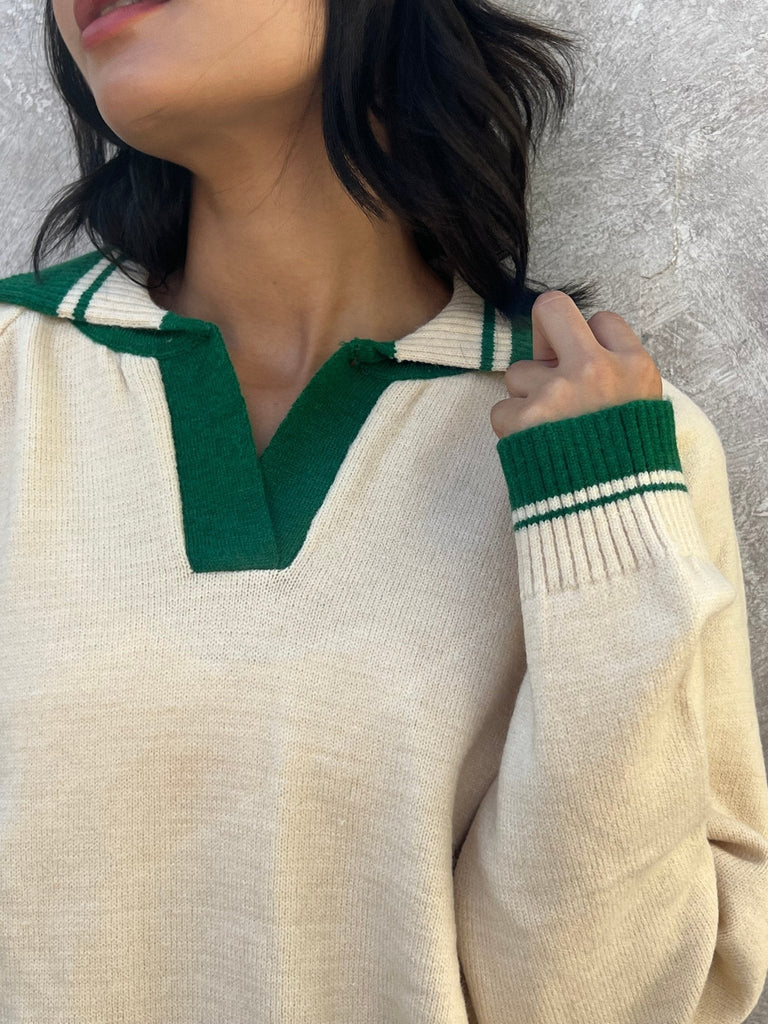 Creme X Green Polo Knit Pullover - Mii