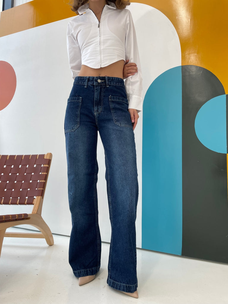 Dark Blue Front Square Pockets Jeans - Mii