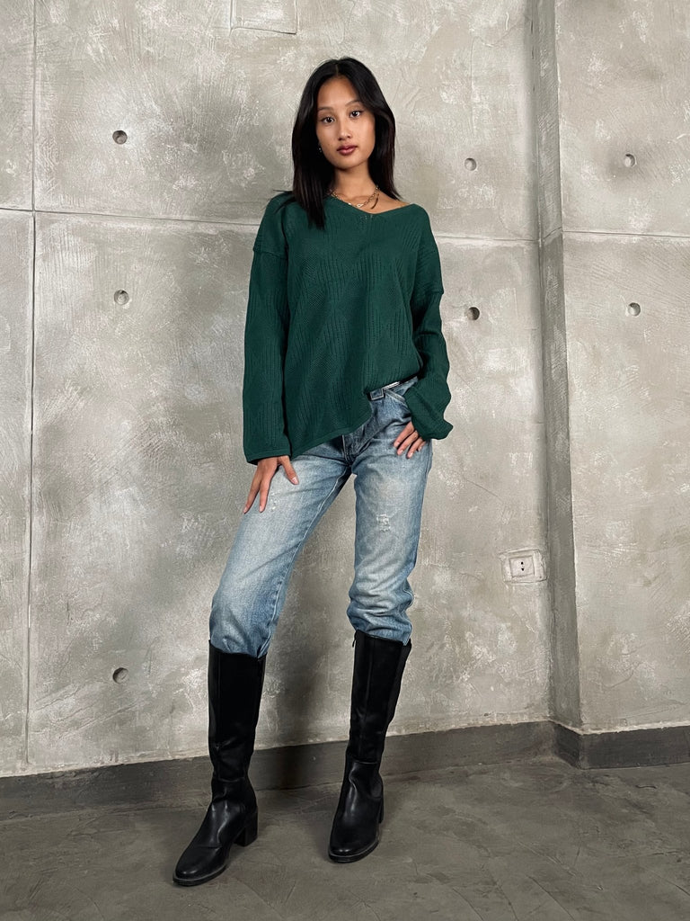 Emerald Green V - Neck Textured Knit Pullover - Mii