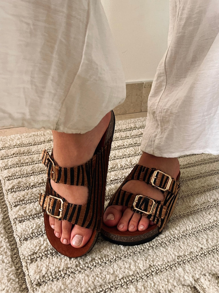 Gold Stripy Double Buckle Slides - Mii