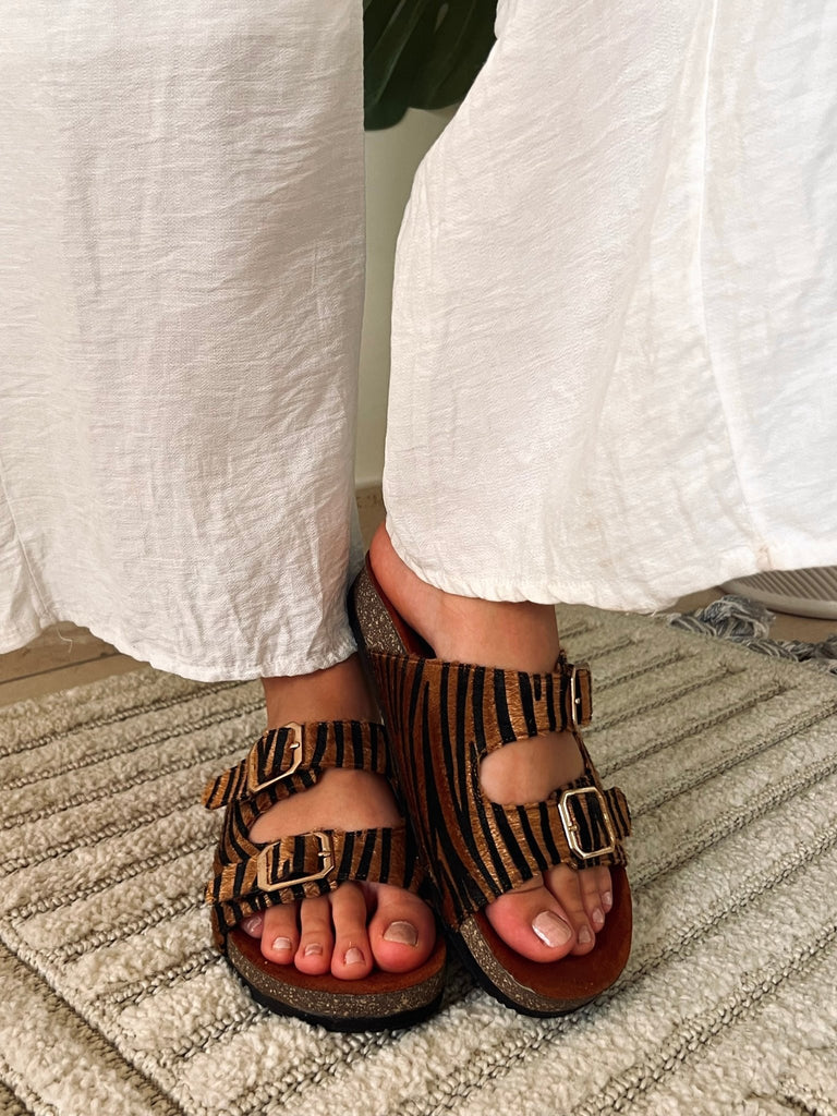 Gold Stripy Double Buckle Slides - Mii