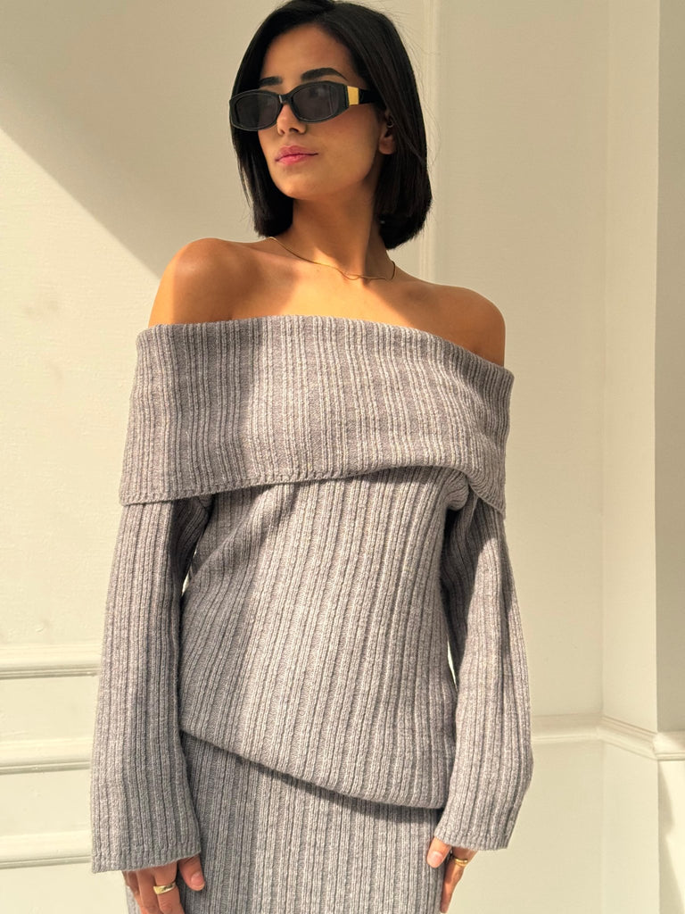 Grey Cable Knit Long Skirt Set - Mii