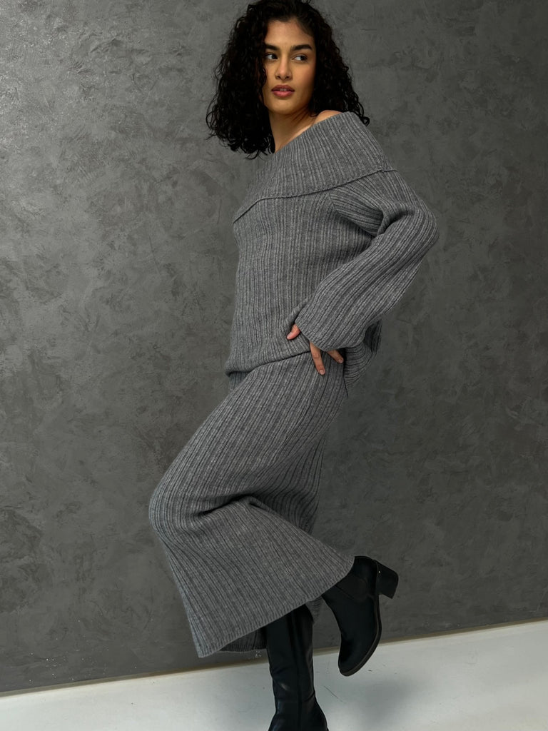 Grey Cable Knit Long Skirt Set - Mii