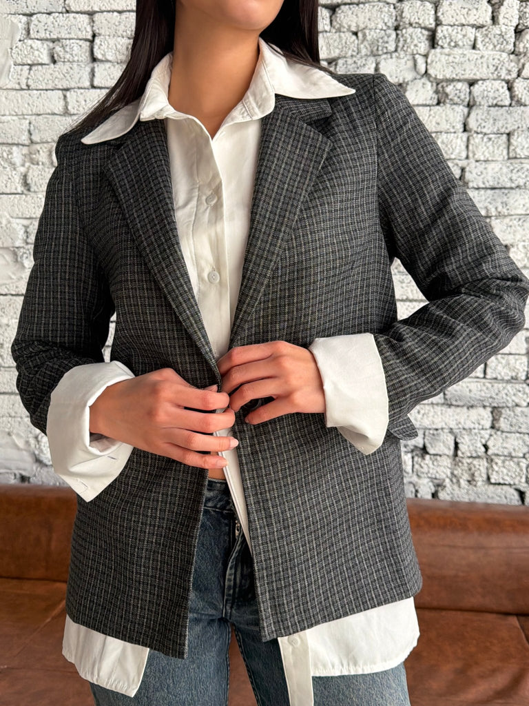 Grey Checkered One Button Blazer - Mii