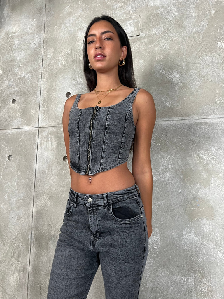 Grey Corset Denim Top - Mii
