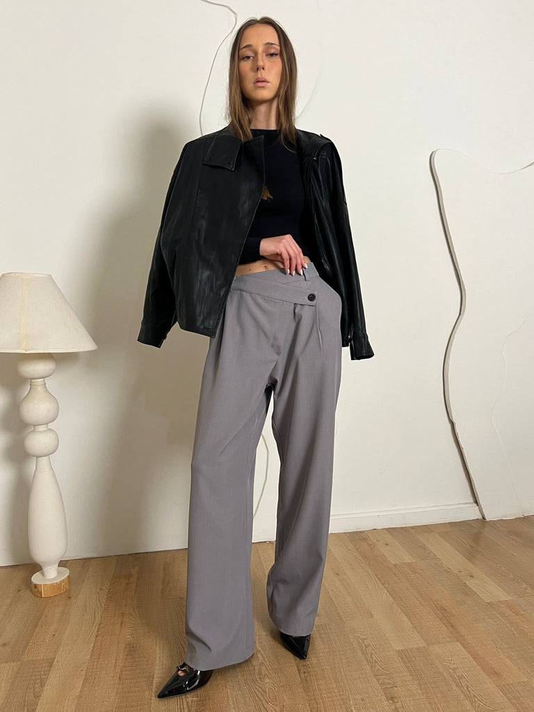 Grey Crisscross Waist Pants - Mii