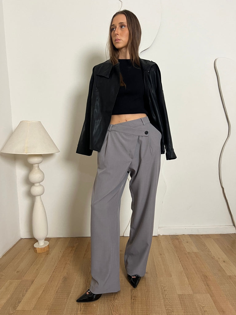 Grey Crisscross Waist Pants - Mii