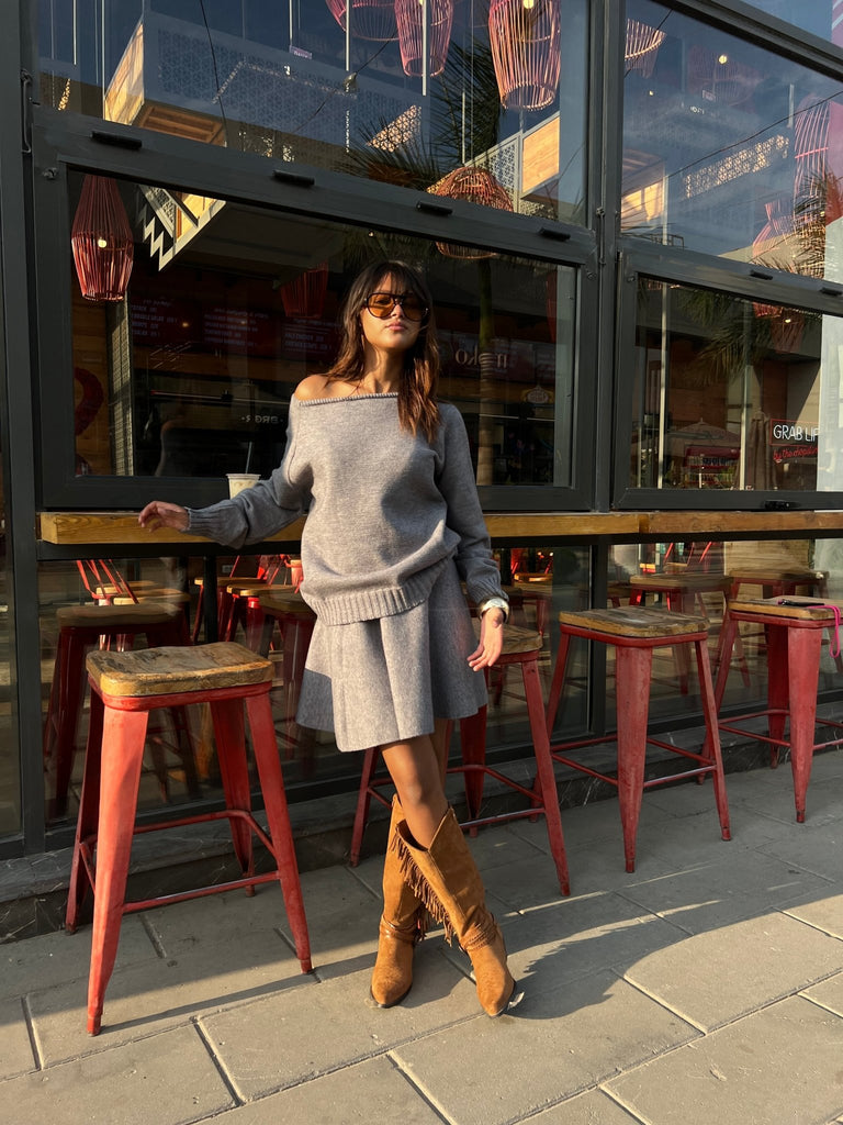 Grey Off Shoulder Knit Skirt Set - Mii