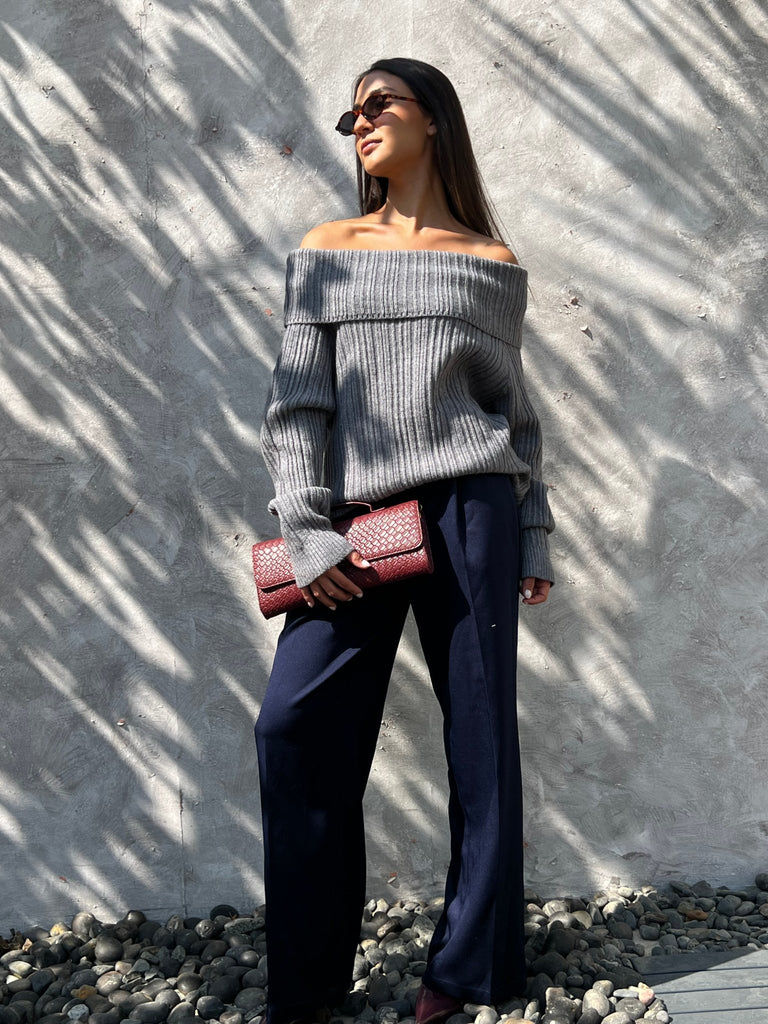 Grey Ribbed Off Shoulder Knit Pullover - Mii