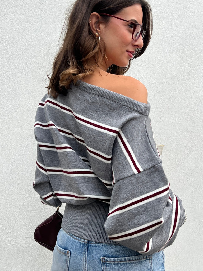 Grey Rugby One Shoulder Striped Pullover - Mii