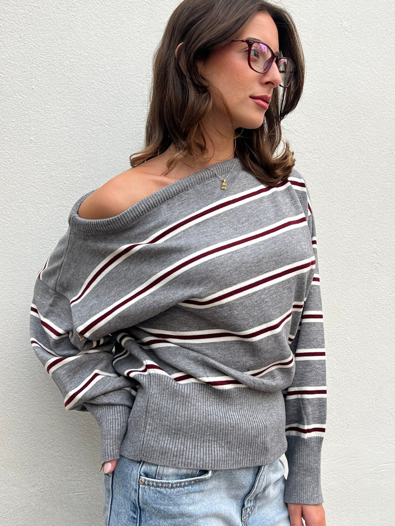 Grey Rugby One Shoulder Striped Pullover - Mii