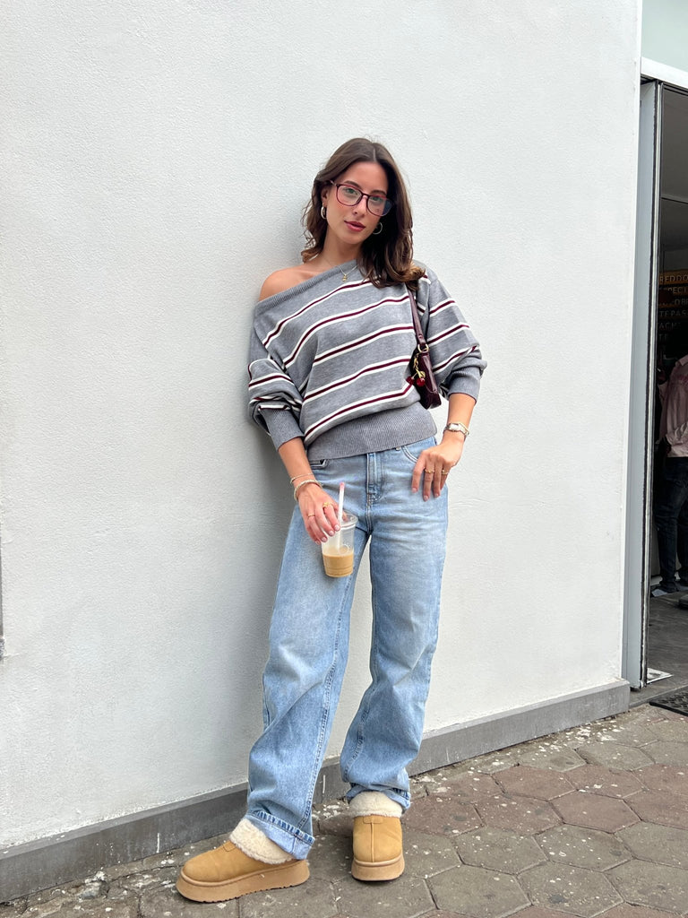 Grey Rugby One Shoulder Striped Pullover - Mii