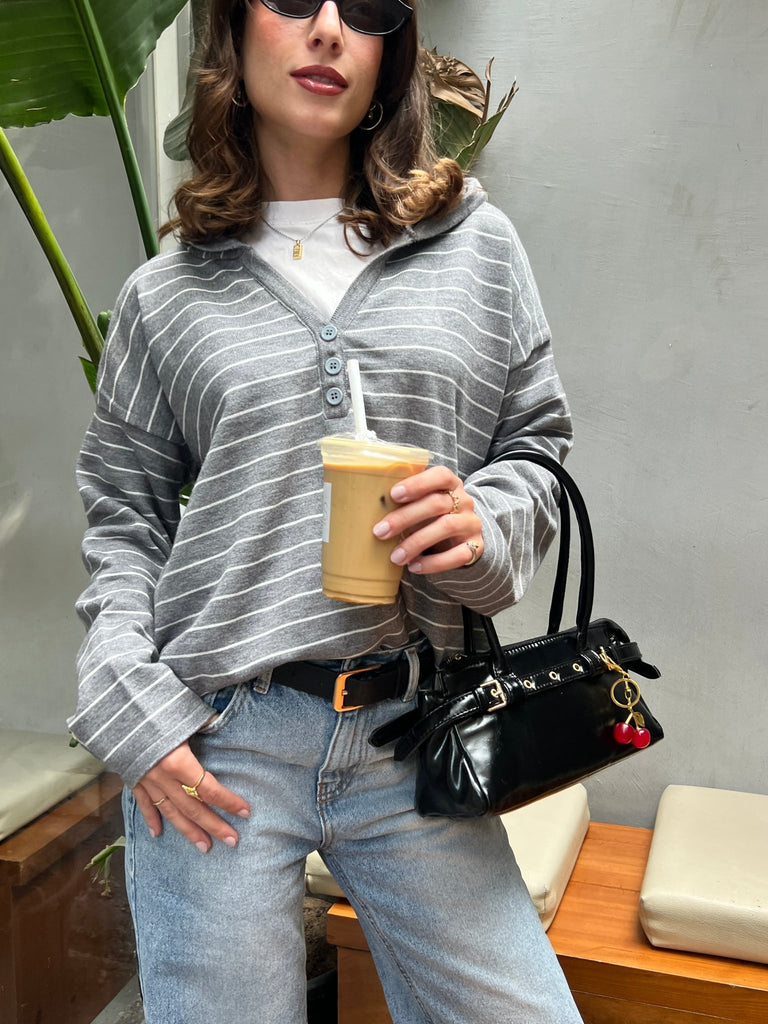 Grey Striped Relaxed Buttoned Hoodie - Mii